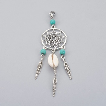 Synthetic Turquoise Alloy Woven Net/Web with Feather Pendant Decorations, with Cowrie Shell and 304 Stainless Steel Lobster Claw Clasps, Turquoise, 110mm