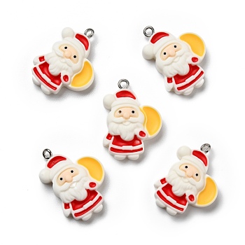 Opaque Resin Pendants, with Platinum Tone Iron Loops, Christmas Theme, Santa Claus with Bag, Colorful, 28x20x6.5mm, Hole: 2mm