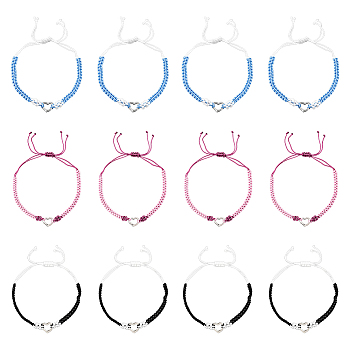 12Pcs 3 Colors Adjustable Nylon Thread Braided Bracelets for Women, with Platinum Alloy Heart Charm, Mixed Color, 0.15~0.5cm, Inner Diameter: 1-3/4 inch(4.3cm), 4pcs/color 