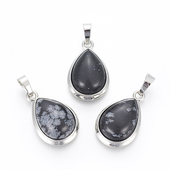 Natural Snowflake Obsidian Pendants, with Brass Findings, teardrop, Platinum, 26x16~17x8~10mm, Hole: 8x5mm