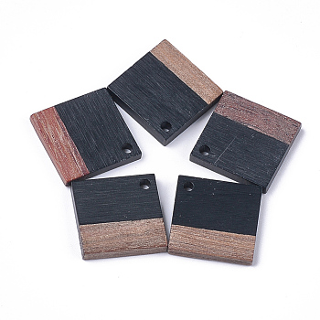 Resin & Walnut Wood Pendants, Rhombus, Black, 24x24x3~4mm, Hole: 2mm