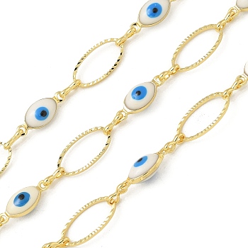 Rack Plating Brass Enamel Link Chains, Long-Lasting Plated, Unwelded, Real 18K Gold Plated, Oval with Evil Eye, White, 13~13.5x5~7x0.8~4mm