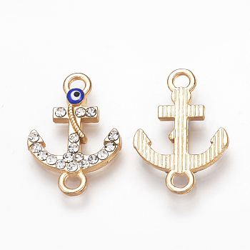 Alloy Rhinestone Links connectors, Enamel Style, Anchor with Evil Eye, Blue, Light Gold, 20.5x14x2.5mm, Hole: 2mm