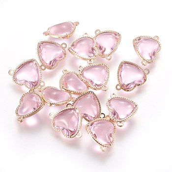 Glass Links connectors, with Eco-Friendly Alloy Findings, Heart, Light Gold, Pink, 14x18.5x7mm, Hole: 1.2mm