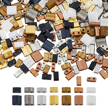 420Pcs 14 Styles 2-Hole Opaque Glass Seed Beads, Rectangle, Mixed Color, 4.5~5.5x2~5.5x2~2.5mm, Hole: 0.5~0.8mm