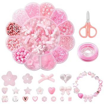 DIY Bracelet Making Kit, Including Acrylic Beads, Scissors, Bicone & Heart & Star & Flower & Bowknot, Pink, 504Pcs/box