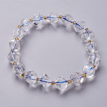 Faceted Natural Quartz Crystal Stretch Beaded Bracelets, with Glass Beads, Six Sided Celestial Dice, Inner Diameter: 1-7/8~2 inch(4.8~5.2cm)