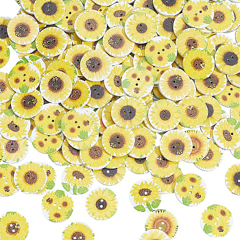 200Pcs 2-Hole Printed Wooden Buttons, Flat Round with Pattern, Mixed Color, 19.5x2.5mm, Hole: 1.5mm