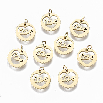 304 Stainless Steel Pendants, Laser Cut, with Jump Rings, Heart with Word Love, for Valentine's Day, Real 14K Gold Plated, 9x1mm, Jump Ring: 3.5x0.5mm, 2.5mm inner diameter