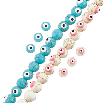 100Pcs 2 Colors Synthetic Turquoise Enamel Beads Strands, Round with Evil Eye, Mixed Color, 8.5~9.5x8mm, Hole: 1.2mm, 50pcs/color