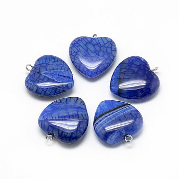 Natural Brazilian Agate Pendants, Dyed & Heated, with Iron Findings, Heart, Platinum, Royal Blue, 22x20x6mm, Hole: 1.5mm