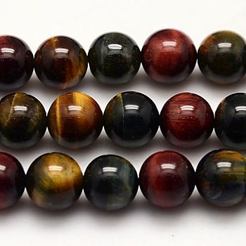 Natural Tiger Eye Beads Strands, Grade AB+, Dyed, Round, Mixed Color, 10mm, Hole: 1mm