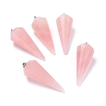 Natural Rose Quartz Pendants, with Brass Findings, Faceted, Cone/Spike/Pendulum, Platinum, 42~44x15~16mm, Hole: 3.6x4mm