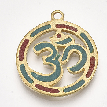 Handmade Indonesia Pendants, with Brass Findings, Flat Round with Om Symbol, Golden, Teal, 31x26.5x2mm, Hole: 2.5mm