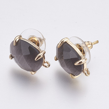 Faceted Glass Stud Earring Findings, with Loop, Light Gold Plated Brass Findings, Oval, Gray, 14x10x5mm, Hole: 1mm, Pin: 0.8mm