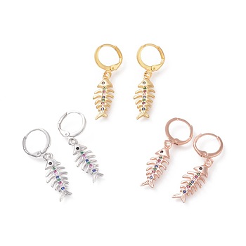 Brass Micro Pave Cubic Zirconia Dangle Hoop Earrings , Fishbone, Mixed Color, 36mm, Pin: 0.9mm