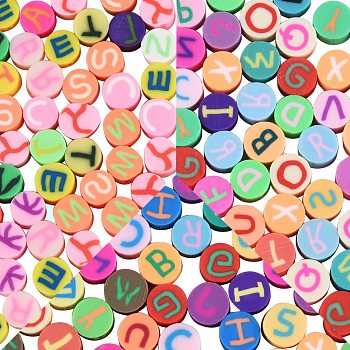 150Pcs 3 Styles Handmade Polymer Clay Colours Beads, Flat Round with Letter, Mixed Color, 50pcs/style