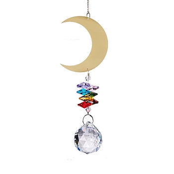 Alloy Moon Hanging Ornaments, Glass Round Tassel for Home Garden Outdoor Decorations, Platinum & Golden, 380mm