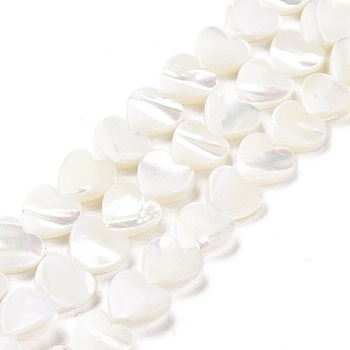 Natural Trochus Shell Beads Strands, Heart, White, 10x10x3.5mm, Hole: 0.7mm, about 42pcs/strand, 15.43''(39.2cm)