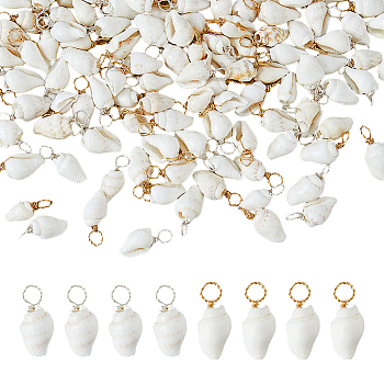 120Pcs 2 Colors Natural Trumpet Shell Pendants, Shell Shaped Charms with Brass Wire Wrapped, Platinum & Golden, 14~17mm, Hole: 3.5mm, 60pcs/color