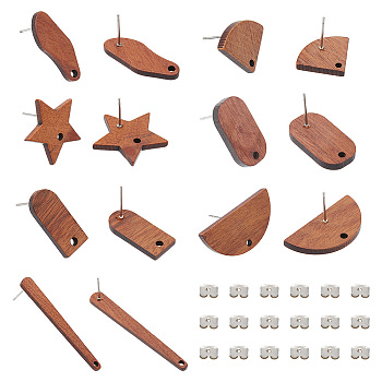 Olycraft 14 Pairs 7 Style Walnut Wood Stud Earring Findings, with Hole and 304 Stainless Steel Pin, Oval & Arch & Fan & Half Round & Star, with 30Pcs Iron Ear Nuts, Saddle Brown, 13~42.5x11~26mm, Hole: 1.8~2mm, Pin: 0.7mm, 2 Pairs/style