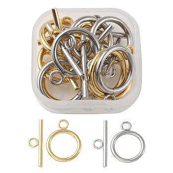 10 Sets 2 Styles 304 Stainless Steel Toggle Clasps, Ring, Golden & Stainless Steel Color, Ring: 20.5~21x15.5~16x2mm, Hole: 3mm, Bar: 23x7x2mm,  5 sets/style