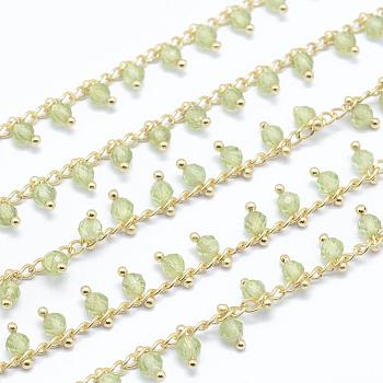 Natural Peridot Handmade Beaded Chains, Soldered, Lead Free & Cadmium Free, with Brass Findings, Real 18K Gold Plated, Long-Lasting Plated, Faceted Round, 6~7x2~3mm