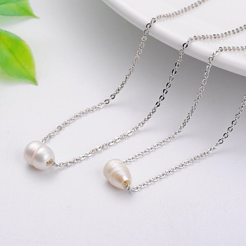 Natural Freshwater Pearl Pendant Necklaces, with Brass Cable Chain, Platinum, 17.9 inch