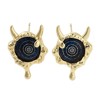 Rack Plating Eye Brass Stud Earrings, with Glass, Cadmium Free & Lead Free, Long-Lasting Plated, Real 18K Gold Plated, Midnight Blue, 27.5x20mm