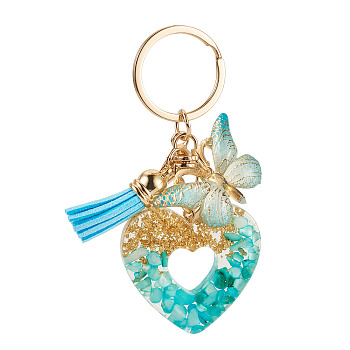 Heart with Butterfly Resin Keychains, with Zinc Alloy Findings & Lobster Claw Clasps, Light Gold, Cyan, 90~100mm