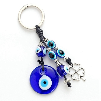 Flat Round with Evil Eye Glass Pendant Keychains, Alloy Clover Charm for Bag Car Key Decoration, Blue, 12.5cm