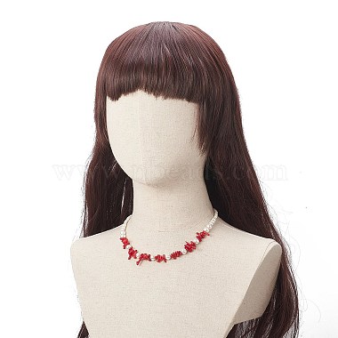 Dyed Synthetic Red Coral Chips & Natural Shell Pearl Graduated Beaded Necklaces for Women(NJEW-TA00065)-2