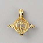 925 Sterling Silver Hollow Bead Cage Pendants, Round with Wings Cage Charms, Golden, 19x19x10mm, Hole: 4.5x2.5mm, Inner Diameter: 8.5mm(STER-WH0008-90G)
