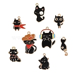 16Pcs 8 Styles Alloy Enamel Pendants, Light Gold, Cat Charm, Mixed Color, 19~29x8.5~21x1~2mm, Hole: 1.5~2mm, 2pcs/style(ENAM-FP0002-61)