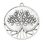 Tibetan Style Alloy Big Pendants, Flat Round with Tree of Life Charms, Antique Silver, 53x48x2mm, Hole: 3mm(AL-CBACA42-04AS)