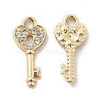 UV Plating Alloy Pendants, with Crystal Rhinestone, Heart Skeleton Key Charms, Golden, 18.5x8.5x2mm, Hole: 2x1.7mm(ALRI-M020-10G)