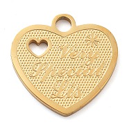 304 Stainless Steel Pendants, Laser Cut, Heart with Flower & Word Charm, Real 18K Gold Plated, 20x20x1.5mm, Hole: 3mm(STAS-M076-01G)