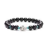 Natural Wood & Synthetic Turquoise(Dyed) Beaded Stretch Bracelet with Alloy 3D Buddha, Yoga Jewelry for Women, Black, Inner Diameter: 2-1/8 inch(5.5cm)(BJEW-JB08209)