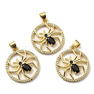 Brass with Cubic Zirconia Pendants, Long-Lasting Plated, Lead Free & Cadmium Free, Flat Round, Real 18K Gold Plated, 23x20x3.2mm, Hole: 3x4.5mm(KK-K341-22G)