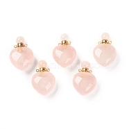 Natural Rose Quartz Pendants, Openable Perfume Bottle, with Golden Tone Brass Findings, Heart Shape, 33~35x22~23x12~13mm, Hole: 3.5mm, capacity: 1ml(0.03 fl. oz)(G-H252-C04)