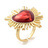 Heart Brass Enamel Open Cuff Ring for Women, Real 18K Gold Plated, Red, Adjustable(RJEW-C102-02G)