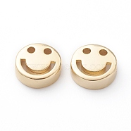 Brass Beads, Long-Lasting Plated, Flat Round with Smiling Face, Real 18K Gold Plated, 11x4mm, Hole: 1.8mm(KK-Z011-04G)