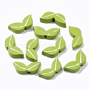 Spray Painted Natural Wood Beads, Printed, Leaf, Lime Green, 9x21x4.5mm, Hole: 1.8mm(X-WOOD-T026-004)