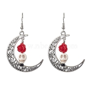 Halloween Alloy Synthetic Turquoise Dangle Earrings,  Brass Resin Earring for Women, Moon with Skull, Red, 58x35mm(EJEW-JE05844-01)