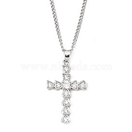 Brass Micro Pave Clear Zirconia Cross Pendant Necklaces, 201 Stainless Steel Chains Necklaces, Stainless Steel Color, 23.58 inch(59.9cm), Crass: 28x18.5mm(NJEW-M211-05A-P)