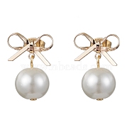 Brass Bowknot Dangle Stud Earrings, with Shell Pearl for Women, Golden, 20x14mm(EJEW-TA00347-1)