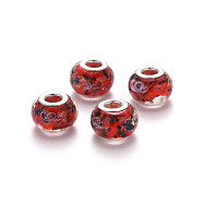 Handmade Lampwork European Beads, Large Hole Rondelle Beads, with Glitter Powder and Platinum Tone Brass Double Cores, Red, 14x9~10mm, Hole: 5mm(LPDL-N001-021-D02)