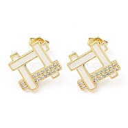 Hollow Rhombus Real 18K Gold Plated Brass Stud Earrings, with Enamel and Cubic Zirconia, White, 16x15.5mm(EJEW-L269-102G-02)