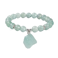 Natural Green Fluorite Round Beaded Stretch Bracelets, with Rough Raw Nugget Charms, Inner Diameter: 2-1/2 inch(6.2cm)(BJEW-JB10089-03)