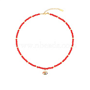 Natural Carnelian Beaded Necklaces, with Golden Plated Metal Eye Charms, 15.75 inch(40cm), Charm: 13.7x13.8mm(EK5559-4)